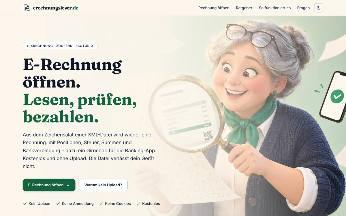 Startseite von erechnungsleser.de zum Öffnen einer E-Rechnung