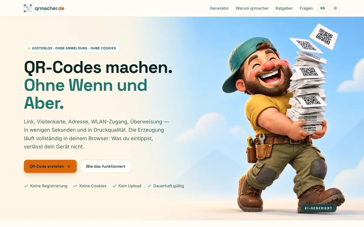 Startseite von qrmacher.de mit dem QR-Code-Generator