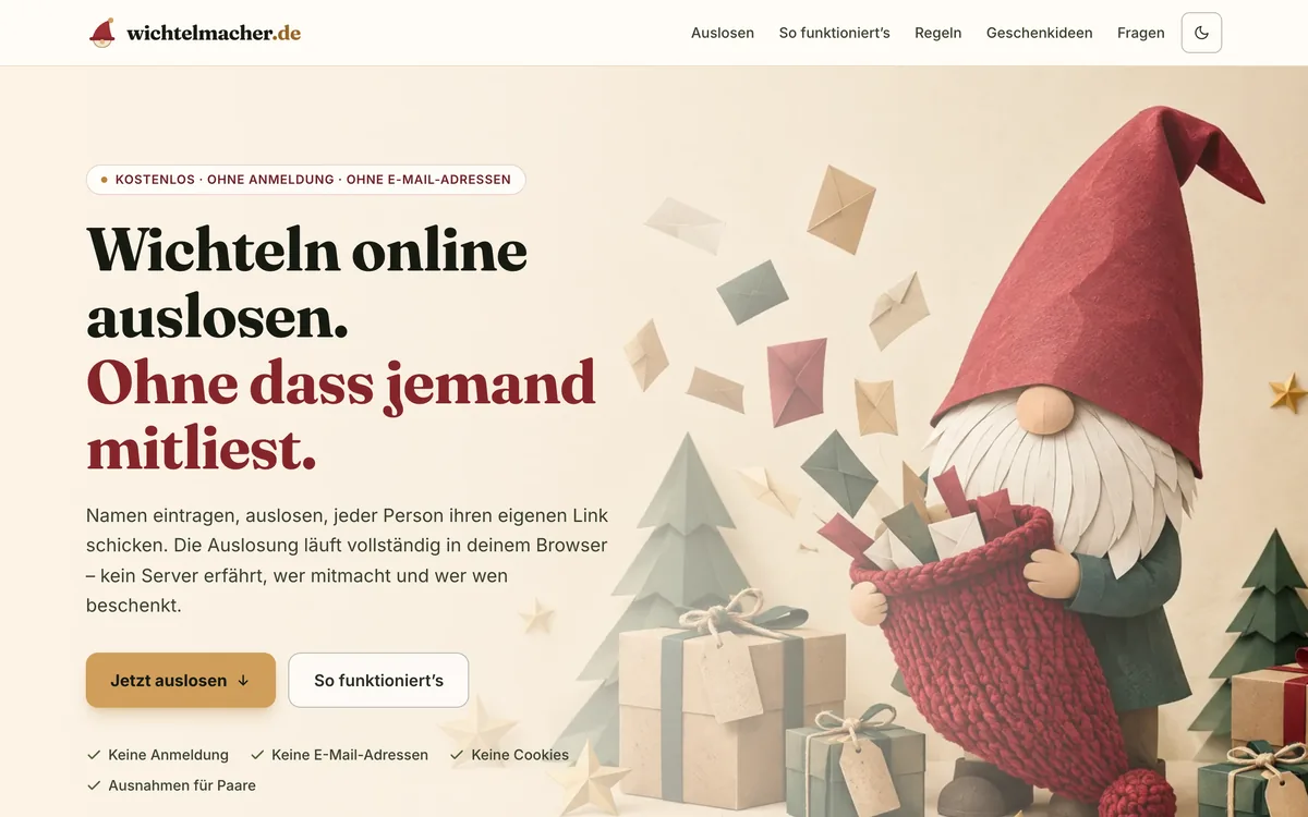 Startseite von wichtelmacher.de zum Auslosen einer Wichtelrunde